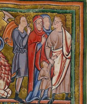holding Samson(?), represented as a small boy, by the wrist, Manoah(?) turns his head to his right, looking at a woman (his wife?), making a speaking gesture with her right hand forward; another woman(?) behind them; a man holding his right hand forward and carrying an axe over his shoulder with a cloth over it, follows them.