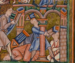 Samson, with bald head, makes the temple collapse by pulling at a pillar with his crossed arms around it; pieces of the temple fall on the Philistines, killing them.