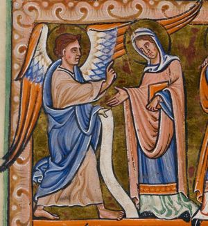 Mary, standing to the right, holding a book in her left hand, stretching her right hand forward with palm in front view, is visited by Gabriel, who holds a scroll in his left and makes a speaking gesture with his right hand forward.