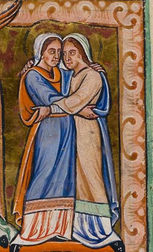 Mary and Elisabeth, both pregnant, embracing.