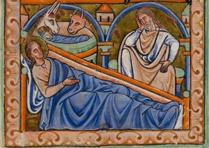 Mary, reclining in bed, her right arm stretched forward; Joseph seated at her feet, to the right, resting his head in his right hand, his left hand on his knee; the Christ-child in the manger - with the ox and ass - behind Mary's bed; architectural setting.
