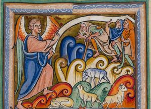 a standing angel holding a scroll in his left, stretching his right hand forward in a speaking gesture; three shepherds, two of whom have a shepherd's crook; the foremost leans on his crook and stretches his right hand forward with the palm in front view; the one in the middle raises his right hand, supporting the scroll held by the angel at the other end; a herd.