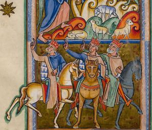 the three wise men, riding from left to right, turn their head back to their right, pointing at the Star of Bethlehem behind them with their right hand stretched sidewards to their right; the middle one is depicted with his horse in frontal view.