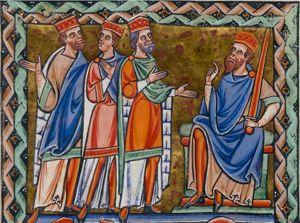 king Herod, seated at the left with a sword in his left hand which rests on his knee, makes a speaking gesture with his right hand raised; the foremost of the Magi holds his hands forward with the palms turned towards each other, the second one turns his head back to his right, holding his right hand in front of his chest with the palm in front view, the third one holds his right hand sidewards with the palm in front view.