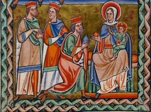 the Wise Men present their gifts, precious vessels, which they are holding with a covered hand, to the Christ-child, seated on the knee of the enthroned Mary; Mary is holding a small globe in her right hand which she holds sidewards; the Christ-child holds a book in his left hand, and stretches his right hand forward in a blessing gesture; the foremost Magus kneeling on one knee, the second one turns his head back to his right.
