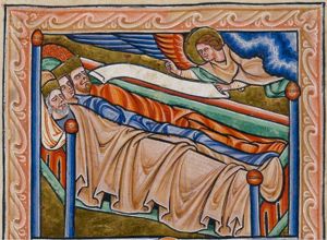 the three wise men, lying together in one bed, with, respectively, one eye open, two eyes open and both eyes closed, are warned in a dream by a flying angel, appearing from heaven, holding a scroll in his left and making a speaking gesture with his right hand stretched forward.