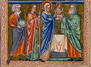 Mary, standing to the left of the altar, presents the Christ-child, who holds a book in his left hand and makes a blessing gesture with his right hand forward, above an altar to Simeon, reaching out for it with both covered hands forward and wearing a `tallit'; Joseph, with doves in a basket, and Anna holding a candle, follow Mary.