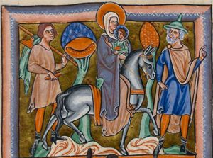 Joseph, wearing a Jew-hat, leads the ass, pointing forward with his left hand, but turning his head back to his right, looking at Mary, riding on the ass with the Christ-child, face to face with her, in her arms; the Christ -child holds a book in his left and makes a blessing gesture with the right hand forward to James the Less, following them, carrying a whip and a stick with a cask and a cloth hanging from it; two trees.