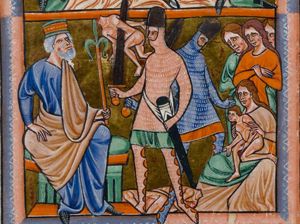 king Herod sitting with his right hand on his knee and holding a sceptre in his left, looks at the massacre: one soldier tears a child, sitting in his mother's lap, away by its hair; a second soldier shows to king Herod a boy he has pierced with his sword; a woman wringing her hands.