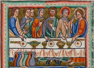 Mary, holding her left hand in front of her chest, with the palm in front view, and holding her right hand down, pointing at a cup on the table turns her head to her left, to Christ, who holds his right hand forward in a gesture of blessing and stretches his left hand downward, touching the cup; the architriclinus(?), wearing a Jew-hat, and the bride, are holding a cup; three men sit at the bride's right: one man stretches both hands forward, holding a cup in his left (bridegroom or architriclinus?), another one holds his right hand in front of his chest.