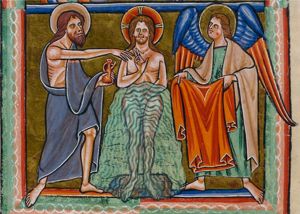 John, with an ointment-jar in his left hand, touches Christ's shoulder with his right; Christ makes a blessing gesture with his right hand in front of his chest and is seen frontally, standing on a stone; an angel holds Christ's robe.