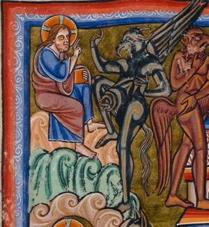 Christ, seated with a book in his left hand, makes a speaking gesture with his right hand forward; Satan, a winged devil, also makes a speaking gesture with his right hand stretched forward, his left hand on his hip.