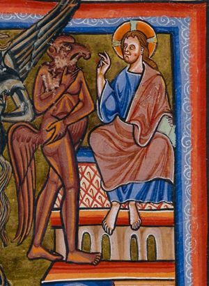 Satan a devil in phantasy shape, asks Christ, who is seated on the roof holding an open book with his left hand and making a speaking gesture with his right hand forward, `throw yourself down' (from the temple).