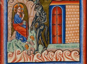 Satan, a devil in phantasy shape, holding a stone in his left hand, points down with his right asking Christ, who is seated with a book in his left and making a speaking gesture with his right hand forward, to `command these stones to become loaves of bread'.