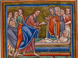 Christ, followed by a group of apostles, holding a book in his left hand and making a speaking gesture with the right hand forward; Lazarus, who lies wrapped in a shroud, in a sarcophagus, raises himself with his hands against each other; Mary and Martha with hands held sidewards with palms in front view; one of the apostles following Christ turns his head back to his right, holding his right hand forward with the palm in front view.
