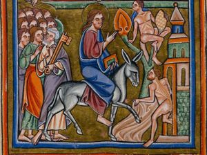 a naked man, coming out of the city-gate, is spreading his clothes before Christ, riding on the ass from left to right, holding a book in his left and making a speaking gesture with his right hand forward; Christ is followed by the apostles, led by Peter with keys in his left hand, holding his right hand in front of his chest in a gesture of speech, and turning his head back to his right, looking at the others behind him, one of which also holds his right hand in front of his chest in a speaking gesture; a naked man climbing a tree.