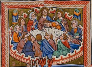 Christ, amidst the apostles, who are seated around a sigma-shaped table, puts a piece of bread into the mouth of Judas Iscariot with his right hand, thereby revealing Judas as the betrayer; Judas is sitting opposite Christ, with his right hand sidewards, and is seen in back view; Christ's other arm rests on the shoulder of John who is leaning against his chest with his hand against his head; the other apostles make various gestures: Peter holds his right hand in front of his chest with the palm turned up; some of the others stretch their right hand forward in speaking gestures; one of them combines this with holding his left hand in front of his chest with the palm in front view and one of them holds a book in his left and holds his right hand forward with the palm in front view; architectural setting: a circular wall.