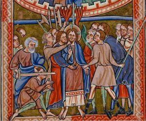 accompanied by soldiers with torches, lanterns and weapons, Judas - with his arm held downward in front of Christ - kisses Christ; Christ's left wrist is seized by one soldier, while another grabs his throat from the right, arresting him; Christ is seen in front view, making a blessing with the right hand in front of his chest; Peter cuts off the ear of Malchus, who is falling to his knees, stretching his hands forward, towards Christ, with palms turned towards each other.