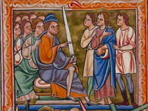 two men, holding him by his shoulder and his arm, bring Christ - his right hand in front of his chest, a book in the left - before Pontius Pilate (?), who is sitting - in profile - with his legs crossed, a sword in his left hand resting on his knee, making a speaking gesture with his right, and with a Phrygian cap(?) on his head; a group of men behind Pilate, one of whom whispers in his ear(?), while tugging at his cloak.