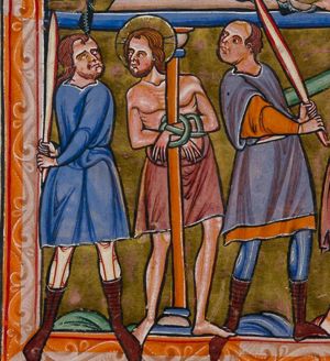 two men beat Christ, who is tied to a column with bare torso, while standing behind it, but with his crossed hands in front of it.