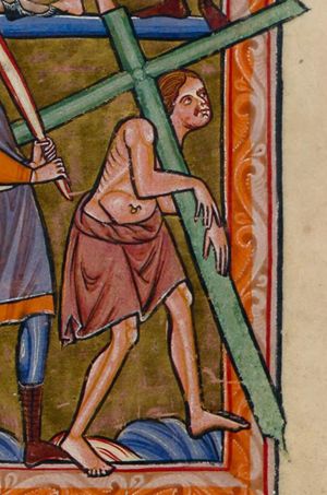 Christ, with bare torso, carrying the cross.