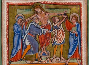 Nicodemus and Joseph of Arimathea take down Christ from the cross: one of them pulls the nail from Christ's left hand with a pair of tongs; the cloth, draped over his shoulder, has a knot in it; the other one supports Christ's body, with his left arm covered with a cloth, around Christ's waist; John supports the left arm of Christ, while holding a book; Mary holds the right hand of Christ against her cheek; Christ's feet rest on a suppedaneum.