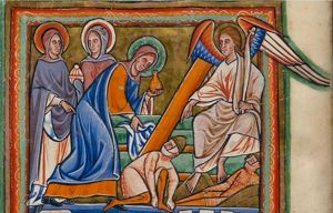 the angel, holding a palm-branch in his left, points down at the empty tomb with his right hand, addressing the holy women; the foremost of them stretches her right hand down picking up the shroud, holding an ointment-jar; the last one holds an ointment-jar in a covered hand, and holds her right hand forward, pointing down; two soldiers in front of the sarcophagus: one sleeping, the other one waking up, kneeling on one knee and turning his head to his right, looking up.