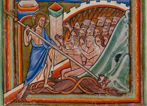 Christ, stabbing Satan, who is in fetters, with a cross, liberates people, among them Adam and Eve, from hell, of which the entrance is represented as a monstrous mouth within an architectural setting and by a doorway; the broken doors beneath Christ's foot.