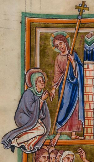Mary Magdalene kneels before Christ, who turns his head to his right, holding a cross in his left hand and stretching his right hand downward: `noli me tangere'.