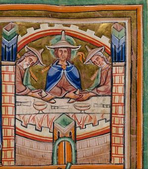 Christ, dressed as a pilgrim with a Jew-hat, is giving the bread with his arms crossed, to his disciples, also dressed as pilgrims with Jew-hats; they receive it with their hands forward; architectural setting; a circular wall.