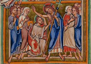 Christ holding a cross in his left hand, raising his right arm, which Thomas, kneeling on one knee, supports; the other apostles making various gestures: one is holding a book with his covered left hand, holding his right hand forward, another one holds his right hand in front of his chest in a gesture of speech; a third one turns his head to his left, holding his hands in front of his chest, the right directed to his left, the left directed to his right.