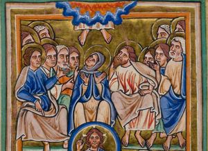 Christ is almost vanished; Mary, looking upwards, with both hands in front of her chest with the palms in front view, sitting amidst the apostles, who make various gestures: one is holding his left hand forward with the palm in front view and holding his right hand down, pointing; another one sits with his left hand resting on his knee and is looking upward; a third one holds his right hand forward with the palm turned up.