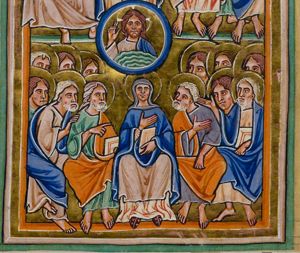 in a circle, representing heaven, a bust of Christ making a blessing gesture with his right hand raised, seen in front view; Mary, with her right hand in front of her chest, a book in her left, amidst the apostles, making various gestures: the one on her right points at her with his right hand in front of his chest, holding a book in his left while the one on his right touches his shoulder; the one on Mary's left holds his right hand in front of his chest and his left hand down; another one raises his right hand with the palm in front view.