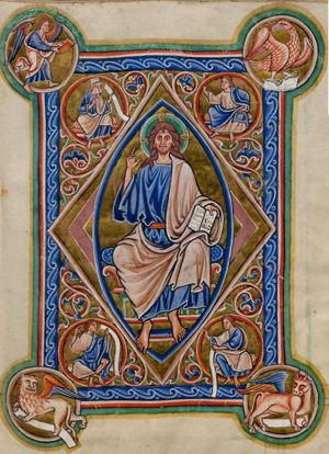 `Majestas Domini' (variant): Christ enthroned, holding an open book with his left and making a blessing gesture with his right hand raised, seen in front view, within a mandorla; four medallions, one with a king and three with a prophet(?) and four medallions with the symbols of the evangelists surround the mandorla.