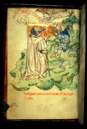 Annunciation of the birth of Mary to Joachim, with two shepherds
