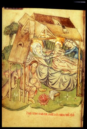 Nativity: Mary lies in bed, handling the Christ-child to a midwive, St.  Joseph warms himself by a fire, with the ox and the ass behind him