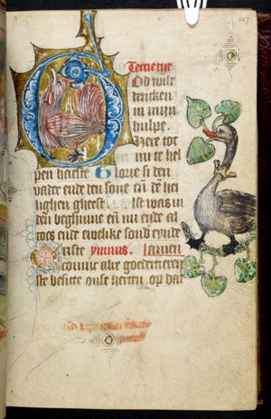 Cockerel (initial) and Swan with a crown around its neck (margin)