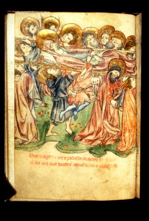 Funeral procession of Mary; the hand of the high priest Jechonias sticks to the bier