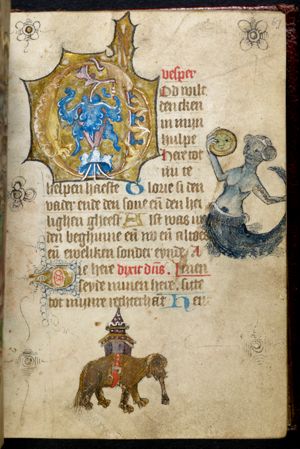 Mermaid looking in a mirror; an elephant with howdah (houda) in the shape of a castle 