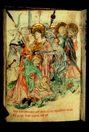 Arrest of Christ: Kiss of Judas; St. Peter cuts off Malchus' ear; Malchus is healed by Christ