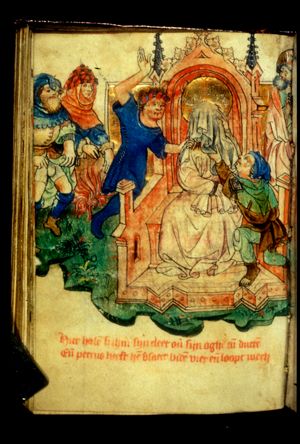 Mocking of Christ; St. Peter leaving, to the left a woman servant is sitting  by the fire