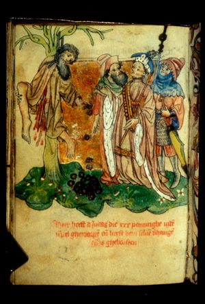 Judas before the Sanhedrin returns the thirty pierces of silver and hangs himself