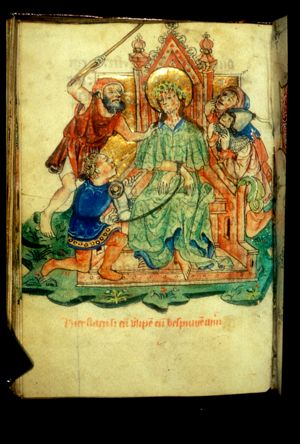 Mocking of Christ: he is flogged and spit at