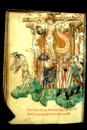 Crucifixion, with the two malefactors, Longinus piercing Christ's side with  a lance and the confessing centurion