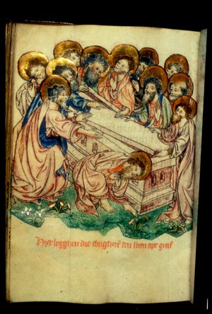 Closing of the tomb, with the twelve apostles
