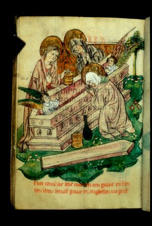 The three Maries at the tomb, with two angels in the tomb