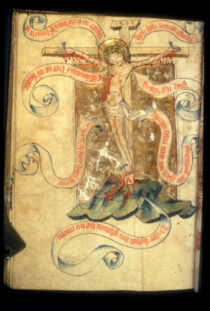 Crucified Christ, with seven banderoles with the Seven Words on the cross