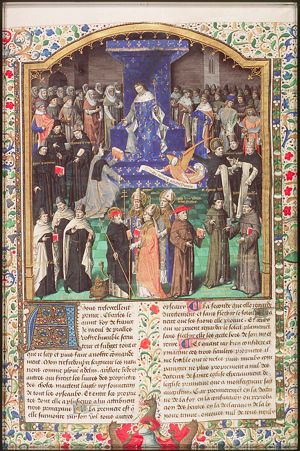 Raoul de Presles presents his translation to King Charles V, surrounded by Fathers of the Church, scholars and others