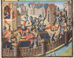 Goths burning down the city; emperor Valens perishing in the flames (background) (2nd of 2)