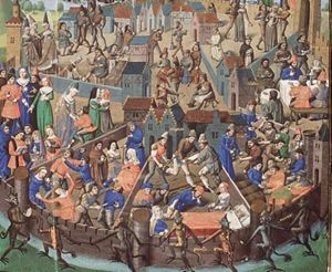 The Heavenly City and the Earthly City: the Earthly City with virtues and vices; seven devils, symbolizing the seven deadly sins, playing tambourine and dancing